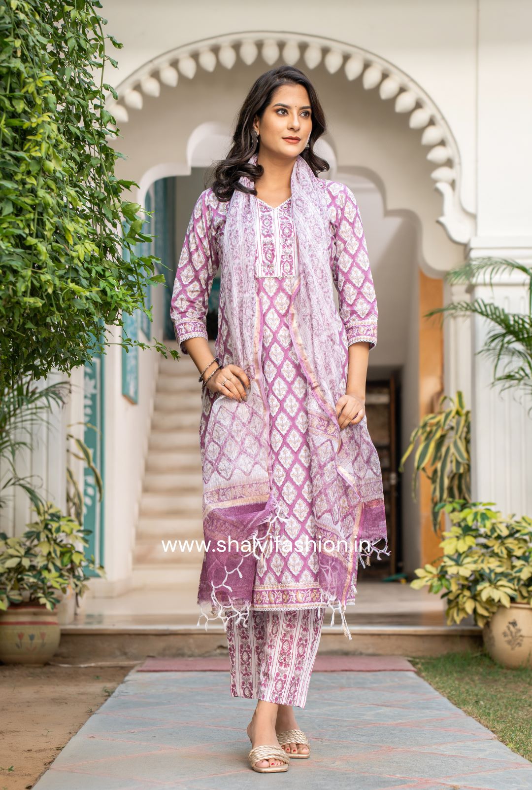 Beige Stitched Cotton suit with kota doria dupatta | Kiran's Boutique