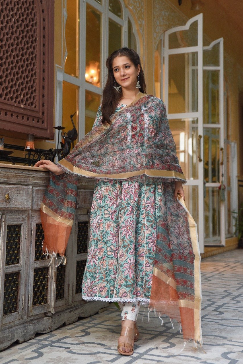 Roshani Handloom Woven Madhubani Printed Cotton Silk unstitched dress  material