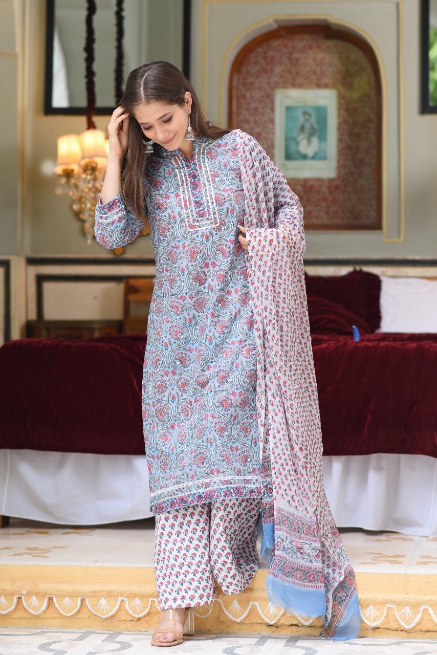Trendmalls White Cotton Embroidered Party Wear Kurta Pant with Dupatta  Salwar Suit Set - Trendmalls - 4168575